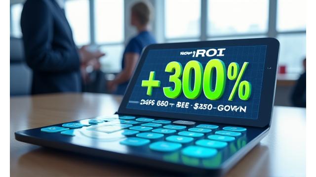 Calculadora digital con gráficos de beneficio y el texto 'ROI' mostrando un 300% de aumento