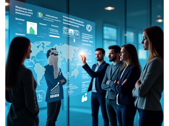 Representación de una startup y una PYME gestionando contenido con IA, con gráficos de crecimiento digital y elementos de brújula