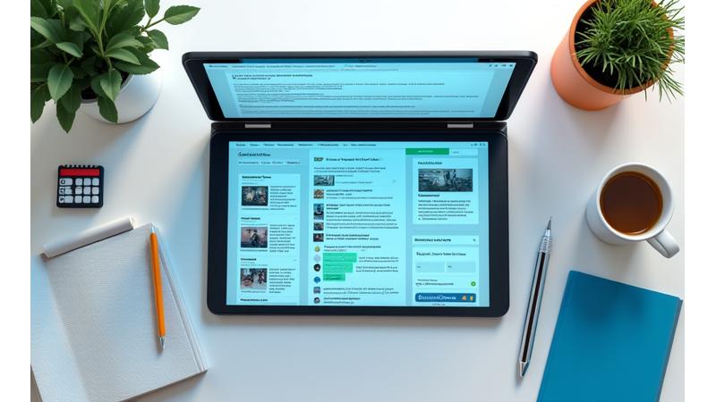 Pantalla de ordenador o tablet mostrando múltiples plantillas de contenido pre-diseñadas y un cronograma de publicación automático