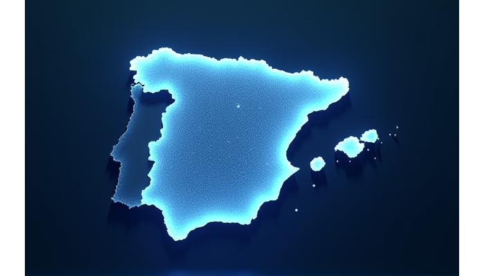 Mapa estilizado de España con nodos brillantes en Madrid y Barcelona, representando centros de startups y conexiones digitales