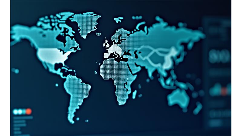 Representación de un panel de control interactivo de SEO global, mostrando métricas de palabras clave, tráfico orgánico y rankings para diferentes países y mercados.