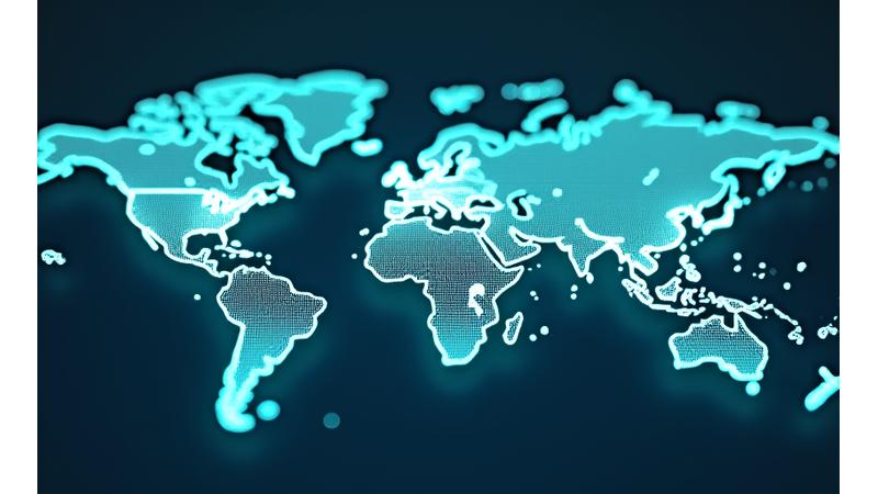 Mapa mundial con puntos de luz interactivos representando los más de 25 idiomas y mercados soportados por la IA de Brújula Digital.