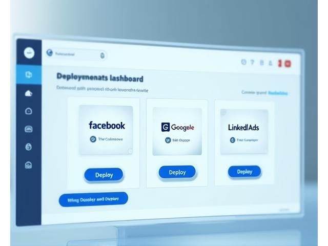 Dashboard de despliegue mostrando conexiones a plataformas publicitarias como Facebook y Google
