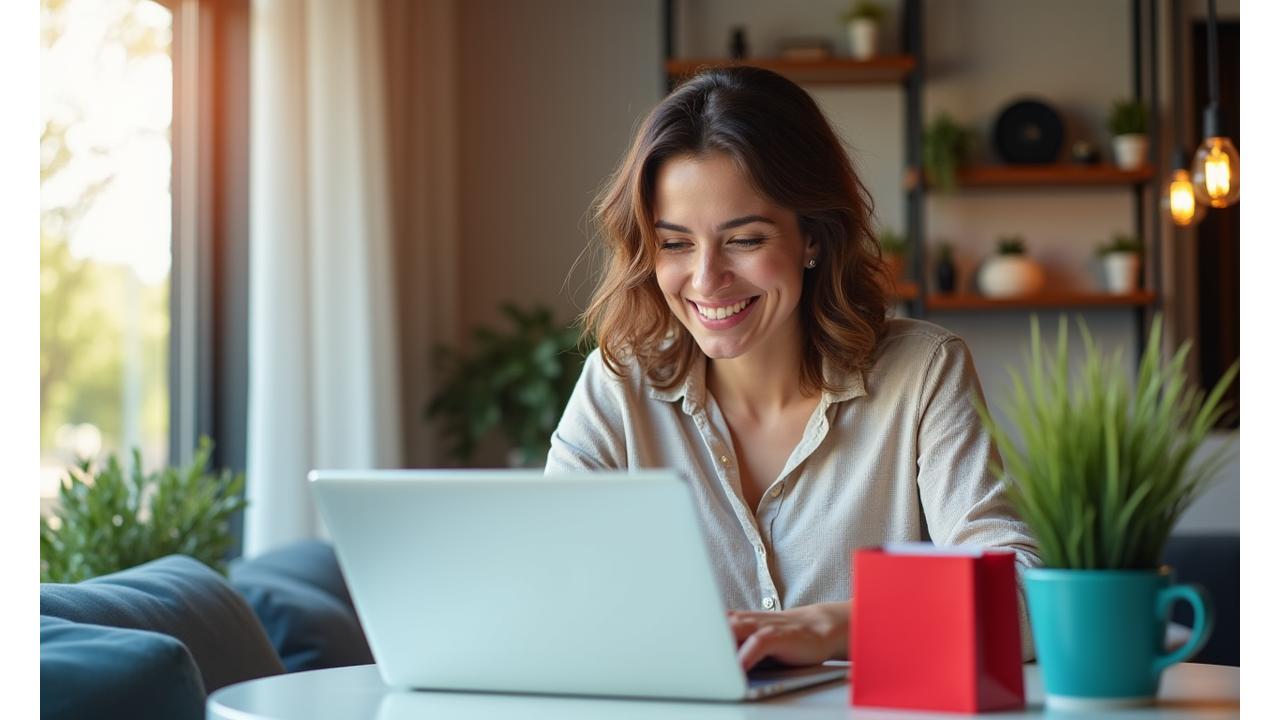 Mujer sonriente comprando online en su portátil