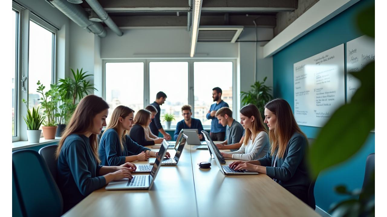 Oficina moderna con equipo de startup trabajando