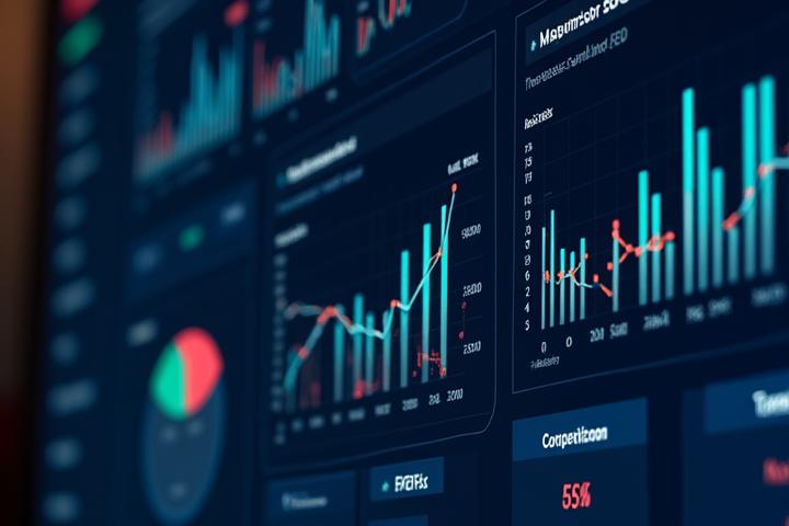 Representación de un panel de control con gráficos y datos comparando el rendimiento SEO de varios sitios web.