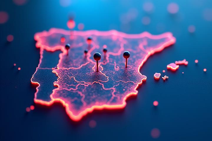 Mapa interactivo de España con marcadores de localización y datos de SEO local en diferentes ciudades.