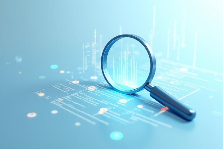 Representación digital de una lupa analizando el código de un sitio web con métricas de SEO en una pantalla flotante.