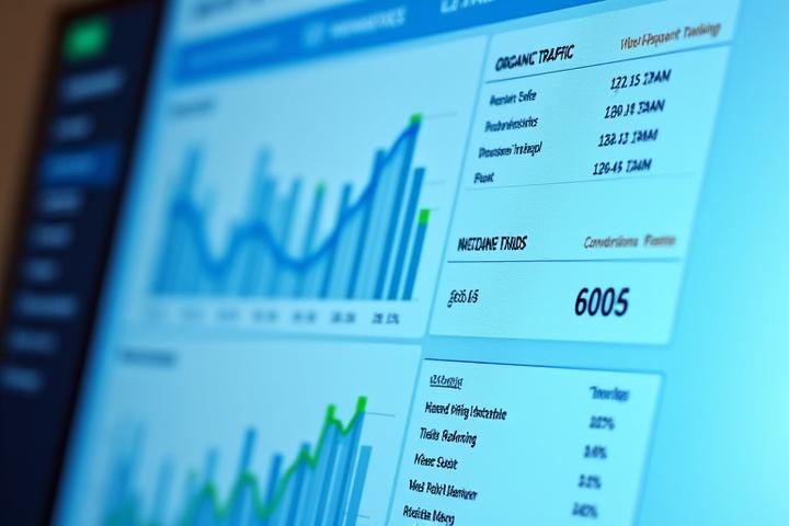 Panel de control con gráficos de tendencias que muestran el rendimiento SEO, tráfico y clasificaciones de palabras clave.