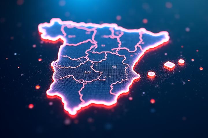 Representación de un mapa de España con nodos conectados que simbolizan palabras clave y volúmenes de búsqueda en diferentes regiones.