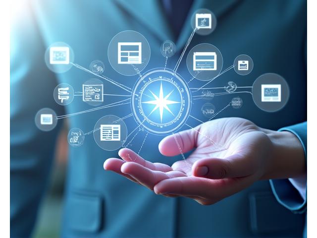 Representación de diferentes tipos de contenido digital interconectados por iconos de inteligencia artificial mostrando eficiencia y calidad