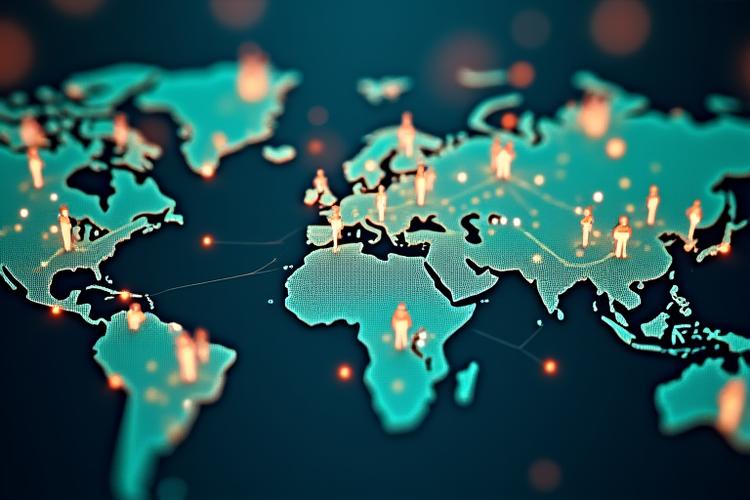 Mapa mundial interactivo con puntos de luz o iconos de idioma en diferentes regiones, mostrando la capacidad multilingüe con banderas. Gente de diversas etnias colaborando virtualmente.