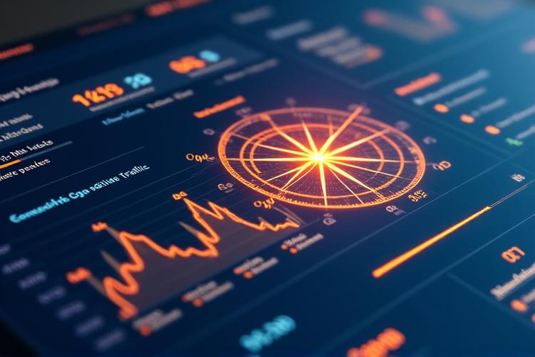 Dashboard con gráficos y métricas de SEO mostrando palabras clave, tráfico orgánico y análisis de competencia, con un cursor interactuando con el panel.