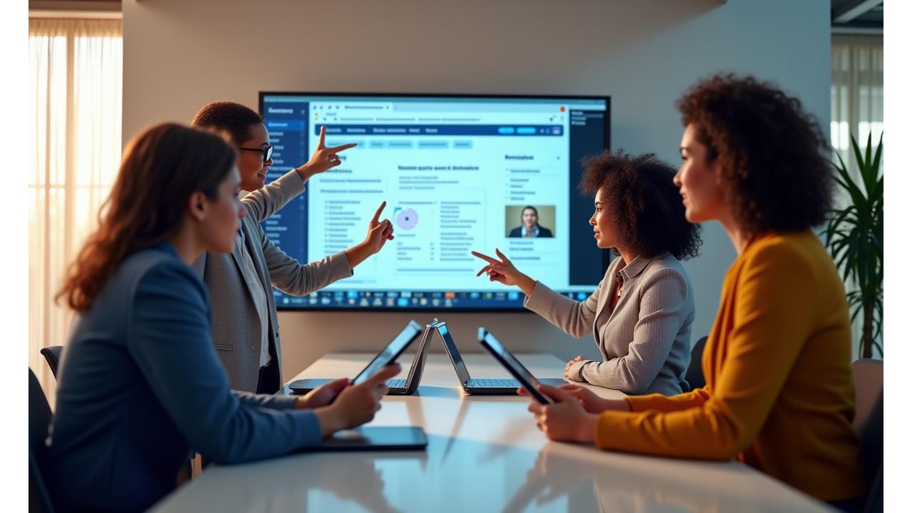 Un grupo de personas diversas interactuando en un entorno moderno de oficina, con pantallas que muestran tutoriales y herramientas de colaboración. Ambiente de aprendizaje y apoyo.