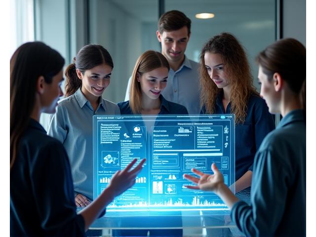 Un equipo de profesionales diversos colaborando alrededor de una pantalla holográfica que muestra gráficos de IA y contenido digital