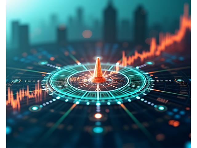 Representación visual abstracta de un gráfico de crecimiento con elementos de IA y una brújula digital en el centro, simbolizando innovación y dirección en Madrid