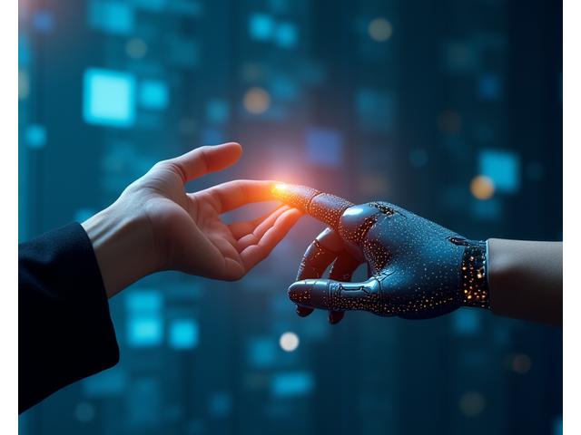 Mano humana y mano robótica encajando, simbolizando colaboración y uso ético de la IA