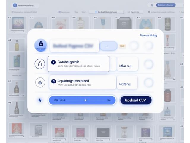 Interfaz de Brújula Digital con una opción de carga de archivo CSV y una barra de progreso que indica la generación masiva de descripciones de productos.