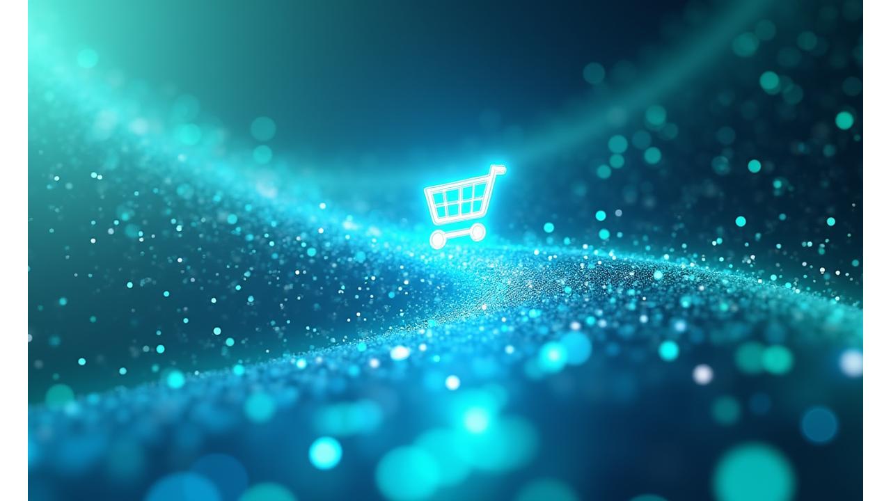 Visión abstracta de un embudo de conversión para ecommerce, con datos fluyendo hacia la compra y la IA optimizando el proceso.